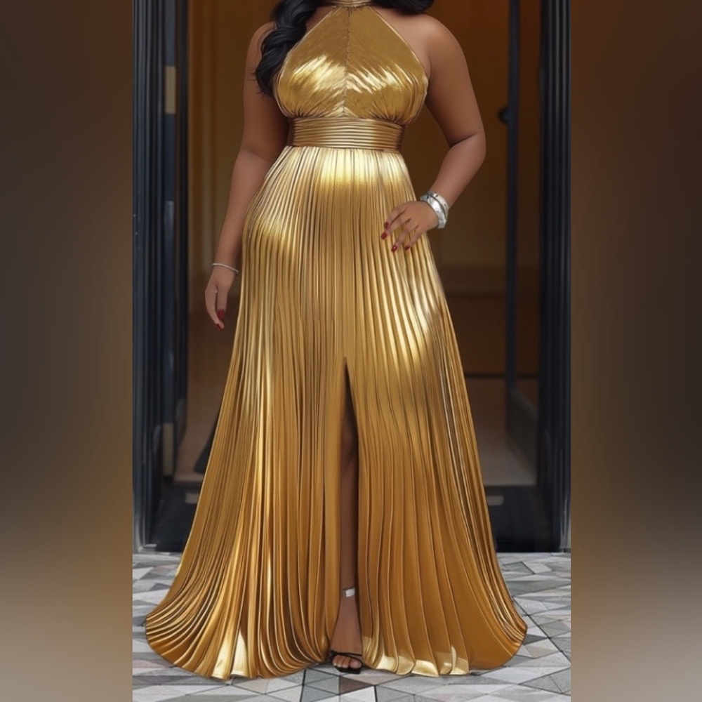 Rosegal Gold Maxi Dress with Luxurious Pleats